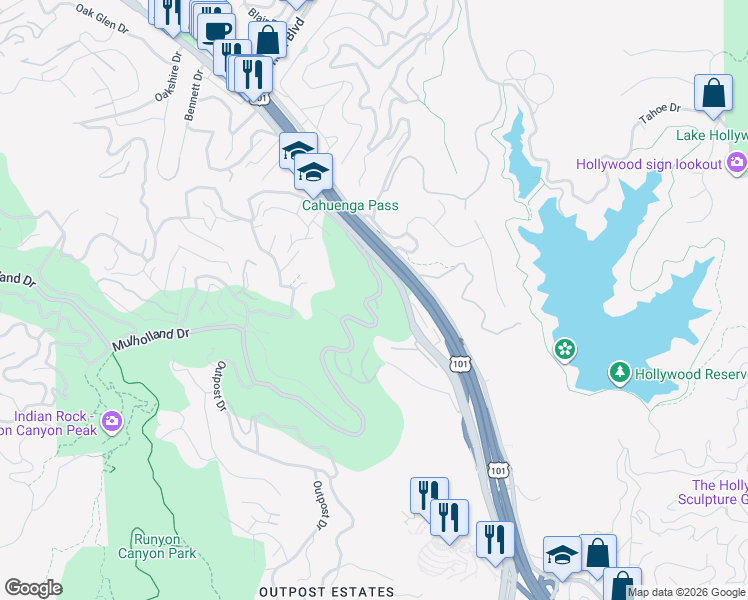 map of restaurants, bars, coffee shops, grocery stores, and more near 6760 Mulholland Drive in Los Angeles