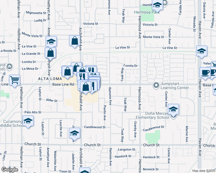 map of restaurants, bars, coffee shops, grocery stores, and more near 7320 Ramona Avenue in Rancho Cucamonga