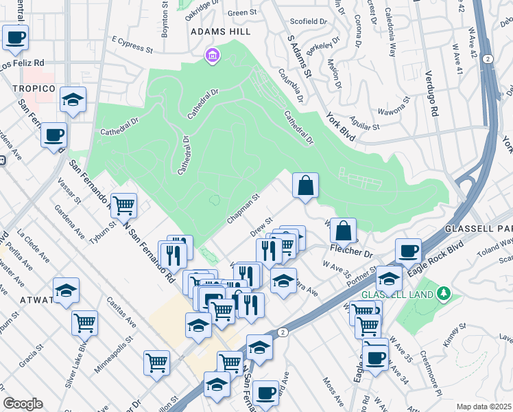 map of restaurants, bars, coffee shops, grocery stores, and more near 3221 Estara Avenue in Los Angeles