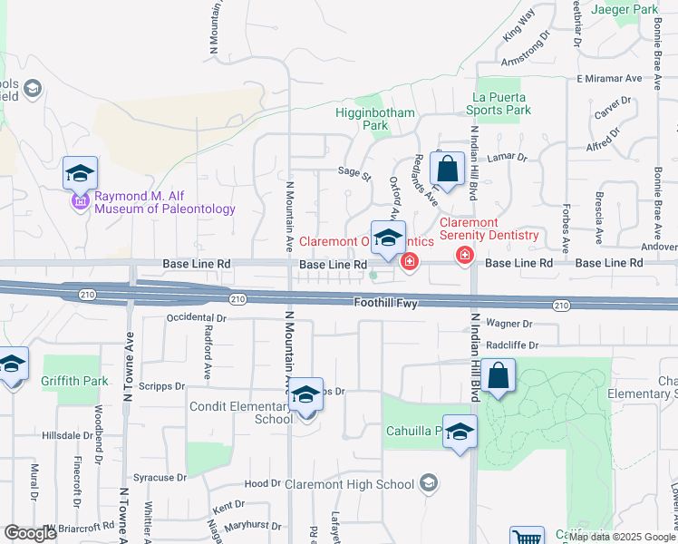 map of restaurants, bars, coffee shops, grocery stores, and more near 681 Huron Place in Claremont