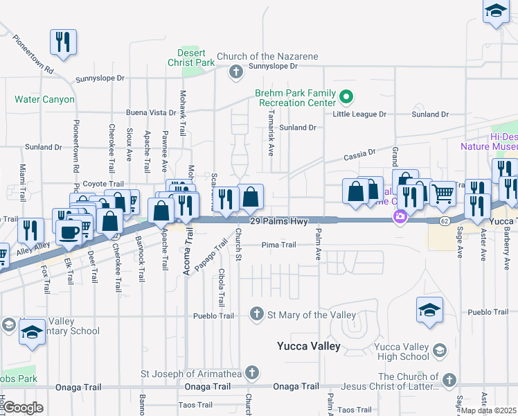 map of restaurants, bars, coffee shops, grocery stores, and more near 56300 29 Palms Highway in Yucca Valley