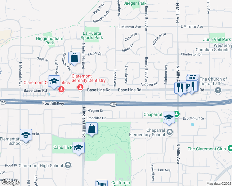 map of restaurants, bars, coffee shops, grocery stores, and more near 105 East Blue Mountain Way in Claremont