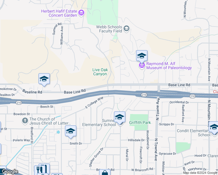 map of restaurants, bars, coffee shops, grocery stores, and more near in Claremont