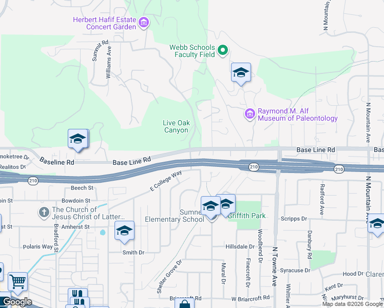 map of restaurants, bars, coffee shops, grocery stores, and more near 4263 La Junta Drive in Claremont