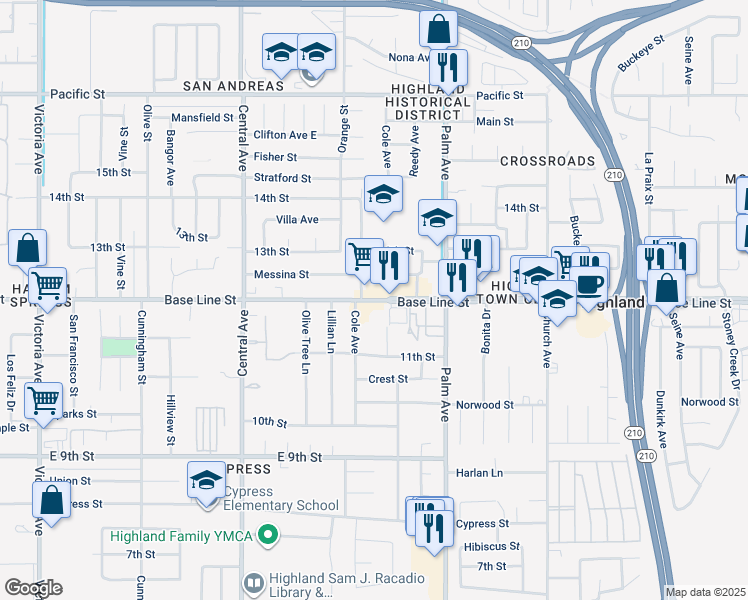 map of restaurants, bars, coffee shops, grocery stores, and more near Base Line in Highland