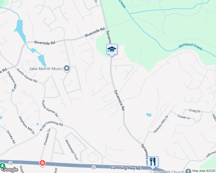 map of restaurants, bars, coffee shops, grocery stores, and more near 5625 Cardigan Trace Northeast in Sugar Hill