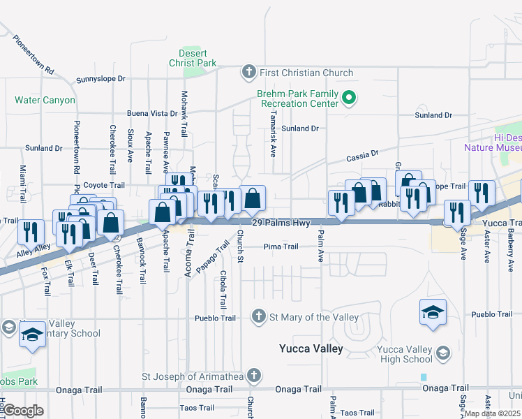 map of restaurants, bars, coffee shops, grocery stores, and more near 56300 29 Palms Highway in Yucca Valley