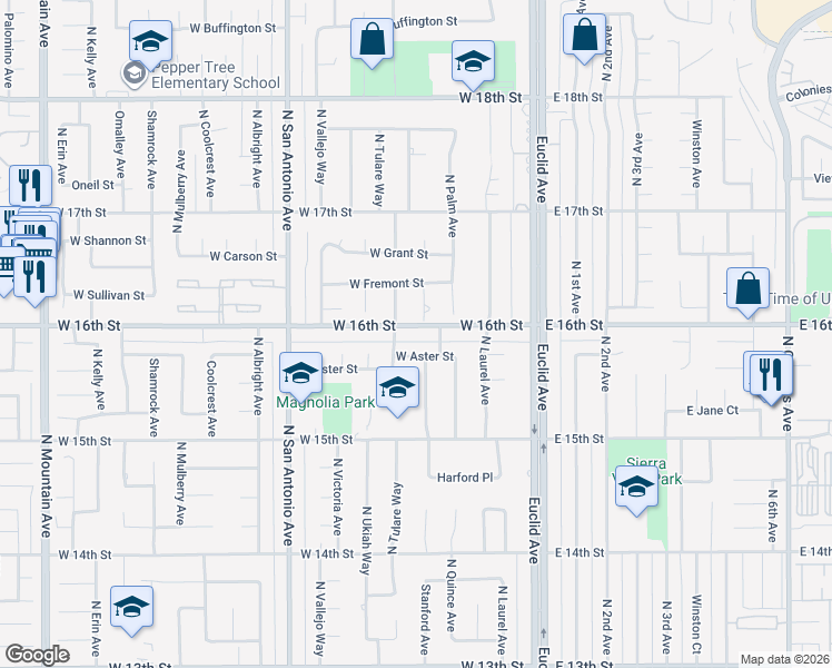 map of restaurants, bars, coffee shops, grocery stores, and more near 386 West 16th Street in Upland