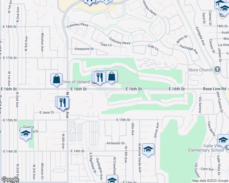 map of restaurants, bars, coffee shops, grocery stores, and more near 1190 Winged Foot Drive in Upland