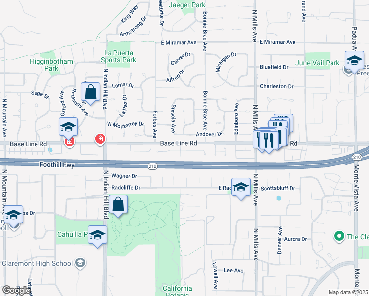 map of restaurants, bars, coffee shops, grocery stores, and more near 207 East Blue Mountain Way in Claremont