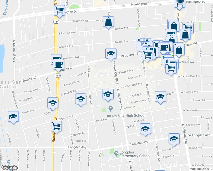 map of restaurants, bars, coffee shops, grocery stores, and more near 9517 East Camino Real Avenue in Arcadia