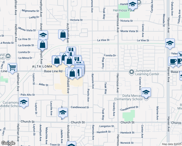 map of restaurants, bars, coffee shops, grocery stores, and more near 7320 Ramona Avenue in Rancho Cucamonga