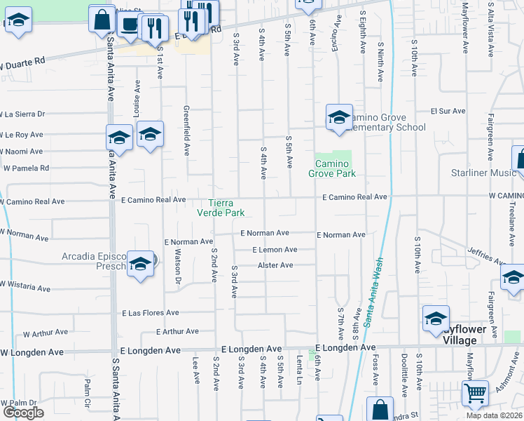 map of restaurants, bars, coffee shops, grocery stores, and more near South 4th Avenue in Arcadia