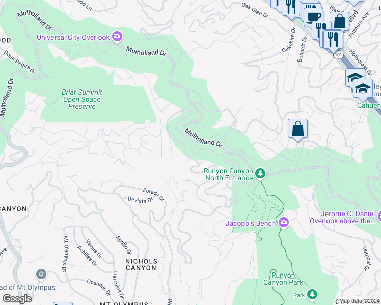 map of restaurants, bars, coffee shops, grocery stores, and more near 2795 La Castana Drive in Los Angeles