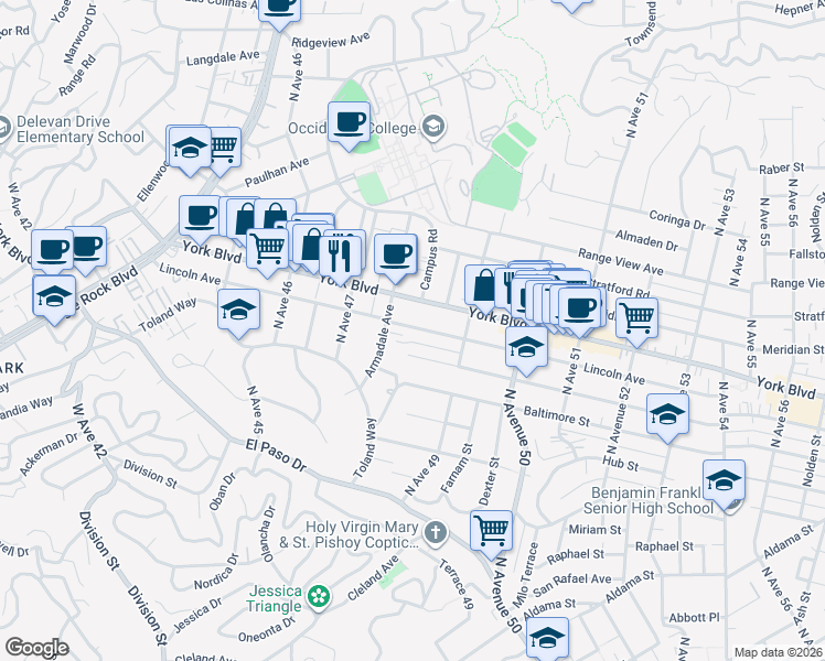 map of restaurants, bars, coffee shops, grocery stores, and more near 1384 Armadale Avenue in Los Angeles