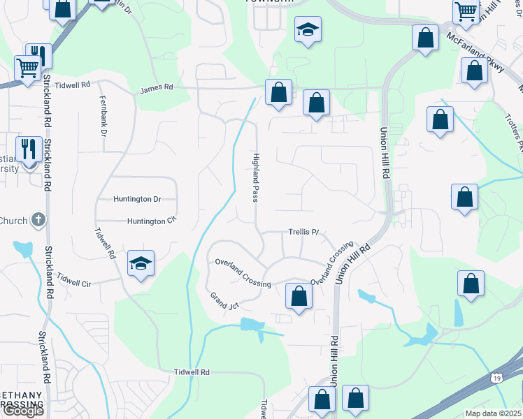 map of restaurants, bars, coffee shops, grocery stores, and more near 2630 Highland Pass in Alpharetta
