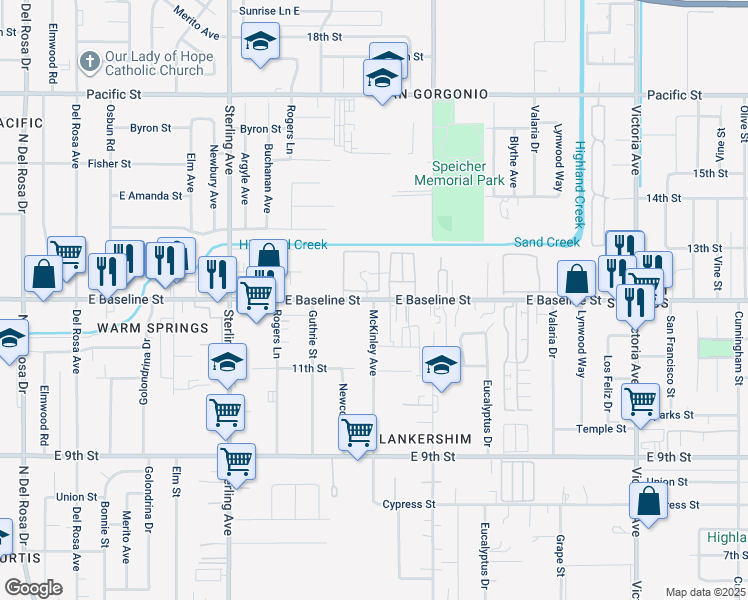 map of restaurants, bars, coffee shops, grocery stores, and more near 25929 Base Line Street in San Bernardino