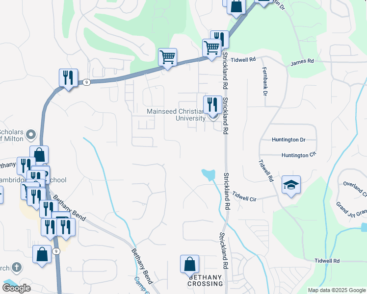 map of restaurants, bars, coffee shops, grocery stores, and more near 3660 Archgate Court in Alpharetta