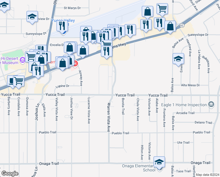 map of restaurants, bars, coffee shops, grocery stores, and more near 7221 Murray Lane in Yucca Valley