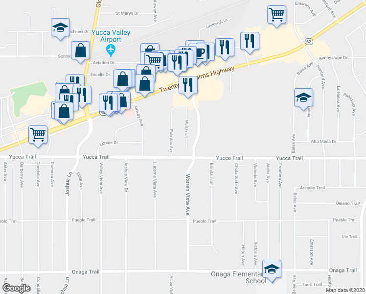 map of restaurants, bars, coffee shops, grocery stores, and more near 7222 Murray Lane in Yucca Valley