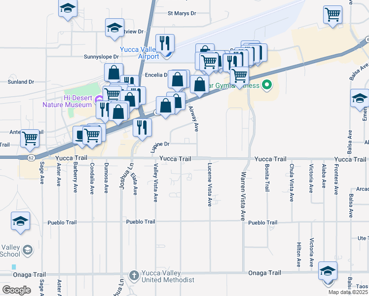 map of restaurants, bars, coffee shops, grocery stores, and more near 57456 Lupine Drive in Yucca Valley