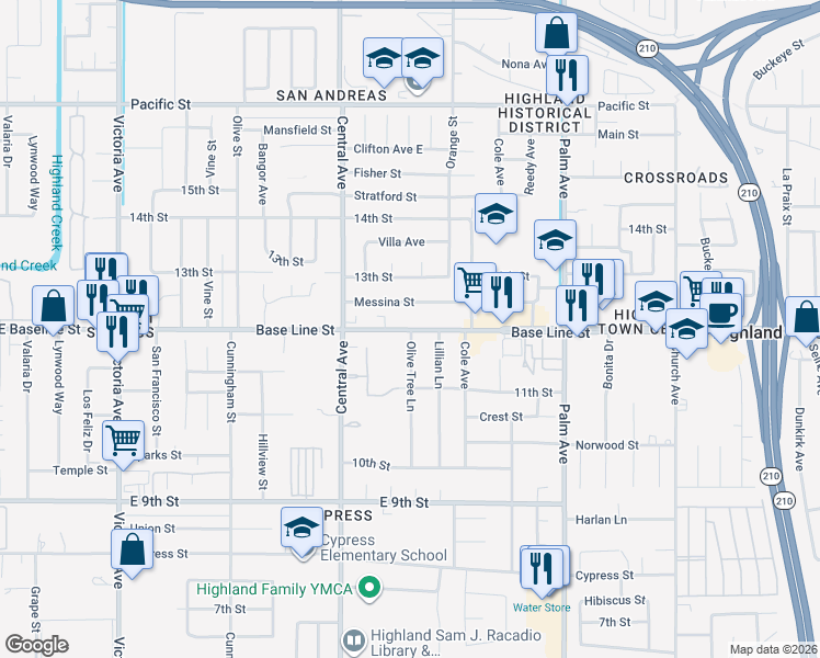 map of restaurants, bars, coffee shops, grocery stores, and more near 27031 Messina Street in Highland
