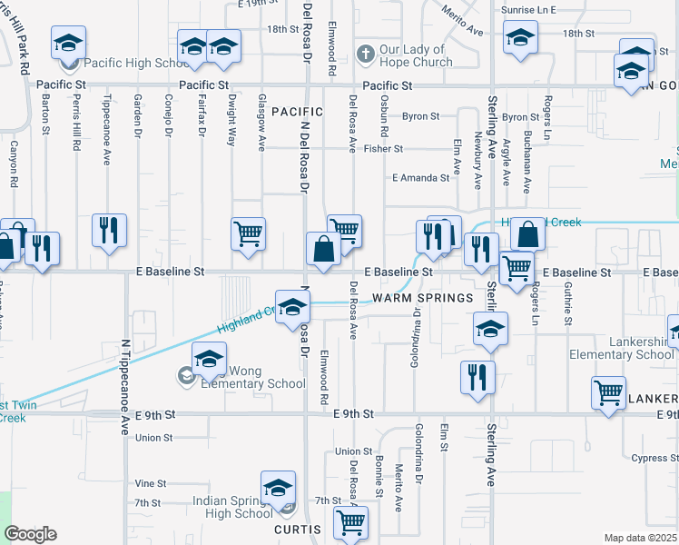 map of restaurants, bars, coffee shops, grocery stores, and more near 7258 Del Rosa Avenue in San Bernardino
