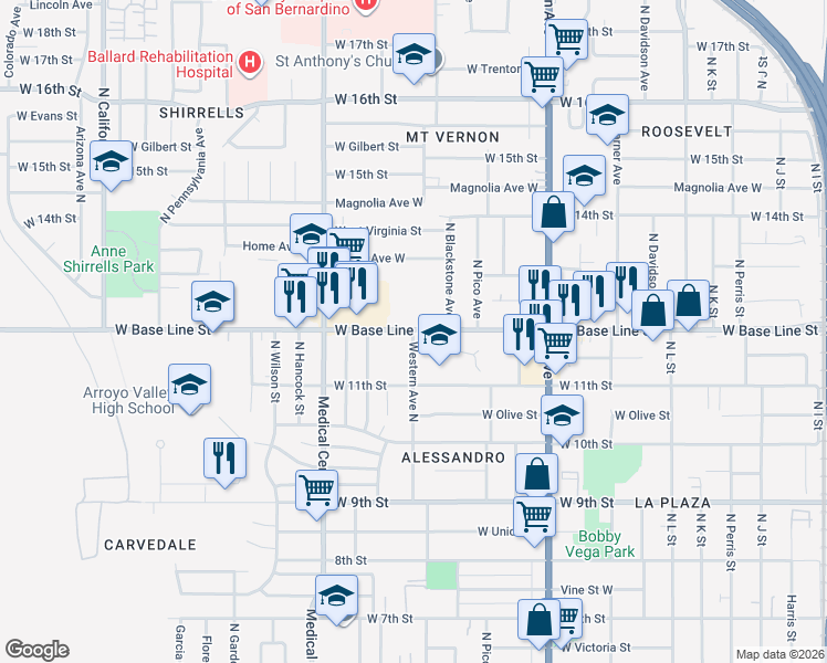 map of restaurants, bars, coffee shops, grocery stores, and more near 1540 West Base Line Street in San Bernardino