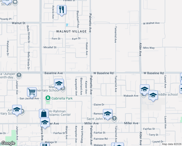 map of restaurants, bars, coffee shops, grocery stores, and more near 17292 Baseline Avenue in Fontana