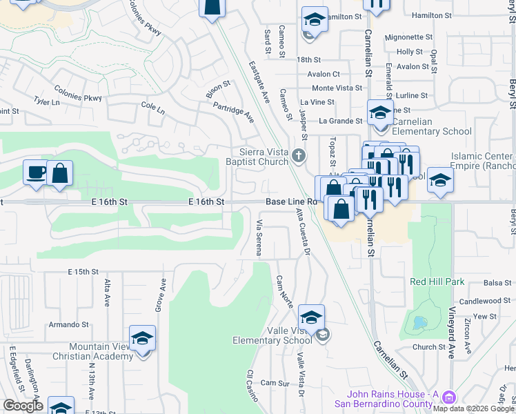 map of restaurants, bars, coffee shops, grocery stores, and more near 8374 Derfer Drive in Rancho Cucamonga