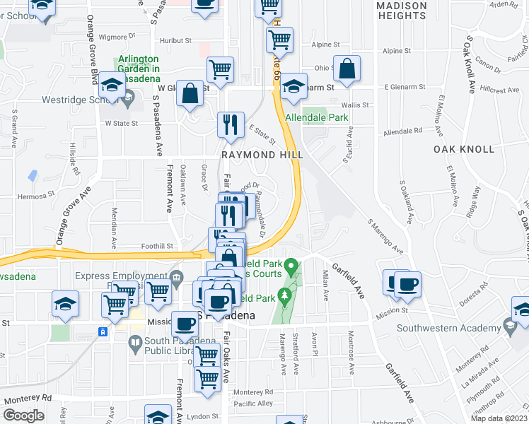 map of restaurants, bars, coffee shops, grocery stores, and more near 1600 Amberwood Drive in South Pasadena