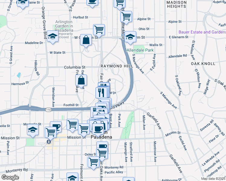 map of restaurants, bars, coffee shops, grocery stores, and more near 1660 Amberwood Drive in South Pasadena
