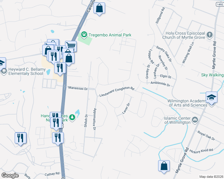 map of restaurants, bars, coffee shops, grocery stores, and more near 5935 Appomattox Drive in Wilmington