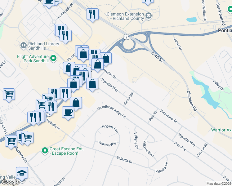 map of restaurants, bars, coffee shops, grocery stores, and more near 124 Burmaster Drive in Columbia