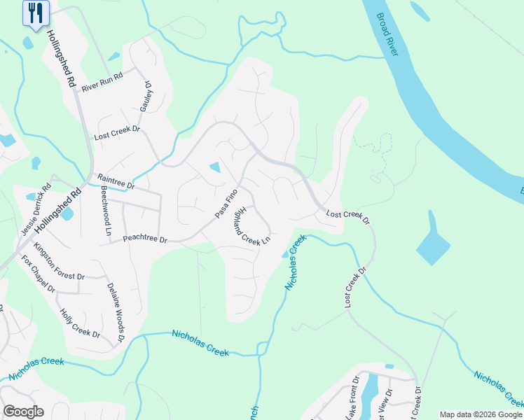 map of restaurants, bars, coffee shops, grocery stores, and more near 121 Highland Creek Lane in Columbia