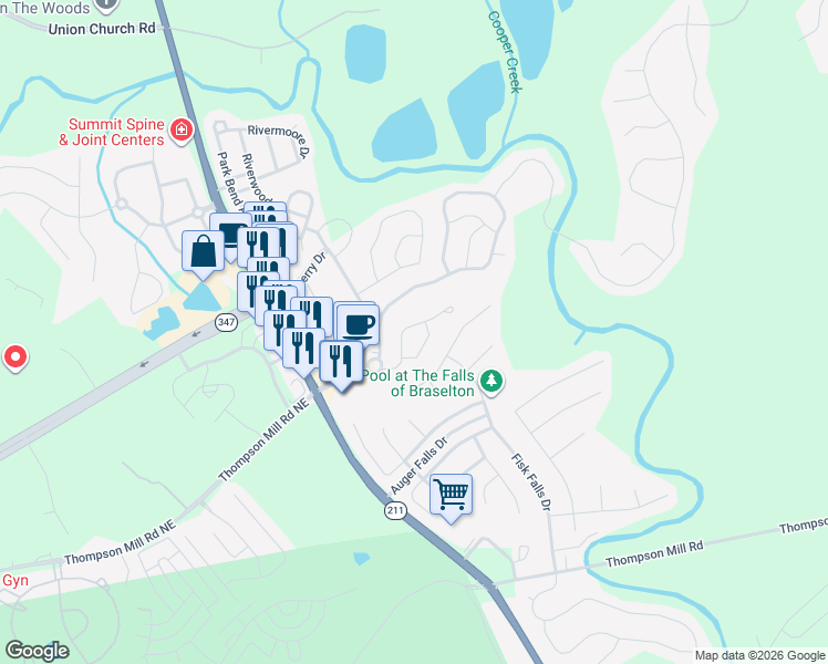 map of restaurants, bars, coffee shops, grocery stores, and more near 6421 Mossy Oak Landing in Braselton