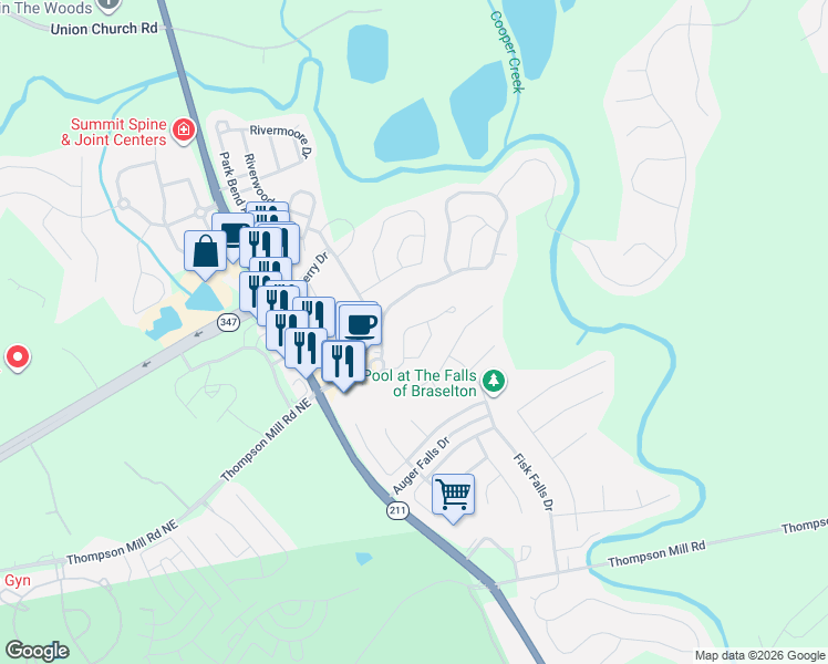 map of restaurants, bars, coffee shops, grocery stores, and more near 6438 Mossy Oak Landing in Braselton