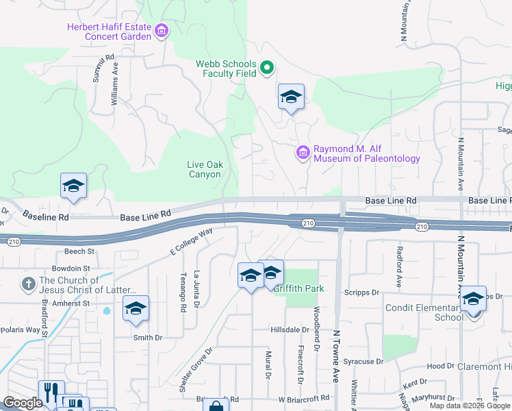 map of restaurants, bars, coffee shops, grocery stores, and more near 1298 West Baseline Road in Claremont
