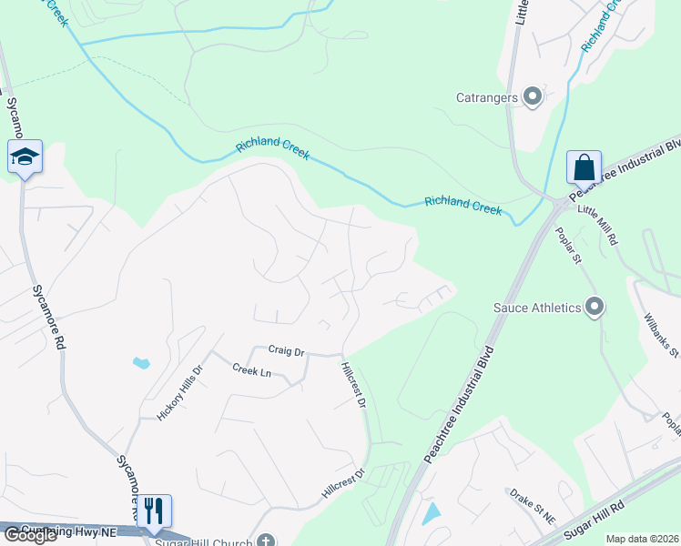 map of restaurants, bars, coffee shops, grocery stores, and more near 1587 Garden View Drive in Sugar Hill