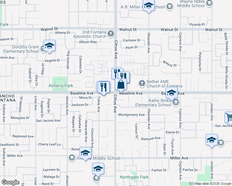 map of restaurants, bars, coffee shops, grocery stores, and more near Citrus Avenue & Baseline Avenue in Fontana