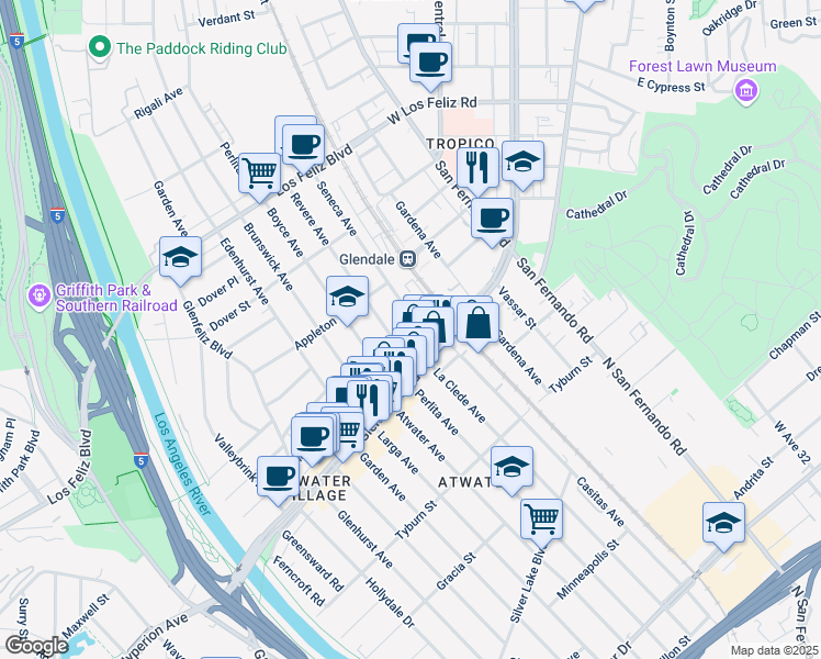 map of restaurants, bars, coffee shops, grocery stores, and more near 3630 Seneca Avenue in Los Angeles