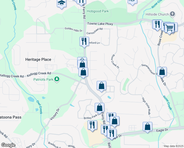 map of restaurants, bars, coffee shops, grocery stores, and more near 121 Southfork Drive in Woodstock