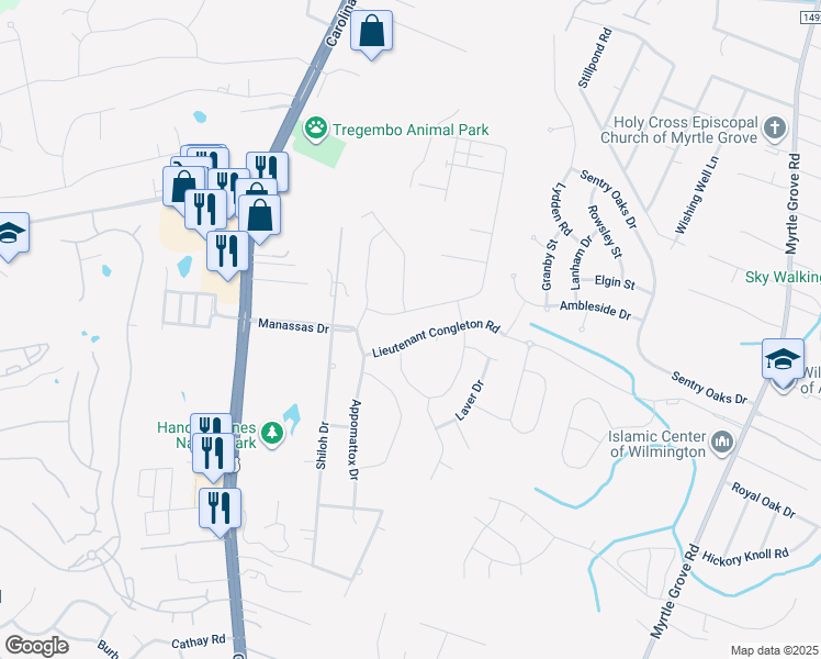 map of restaurants, bars, coffee shops, grocery stores, and more near in Wilmington