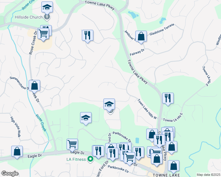 map of restaurants, bars, coffee shops, grocery stores, and more near 503 West Green Court in Woodstock