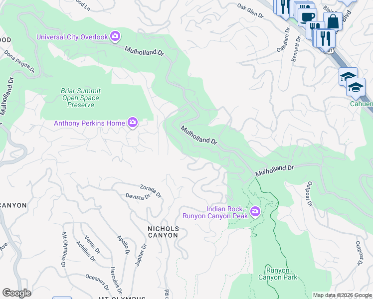 map of restaurants, bars, coffee shops, grocery stores, and more near 2795 La Castana Drive in Los Angeles
