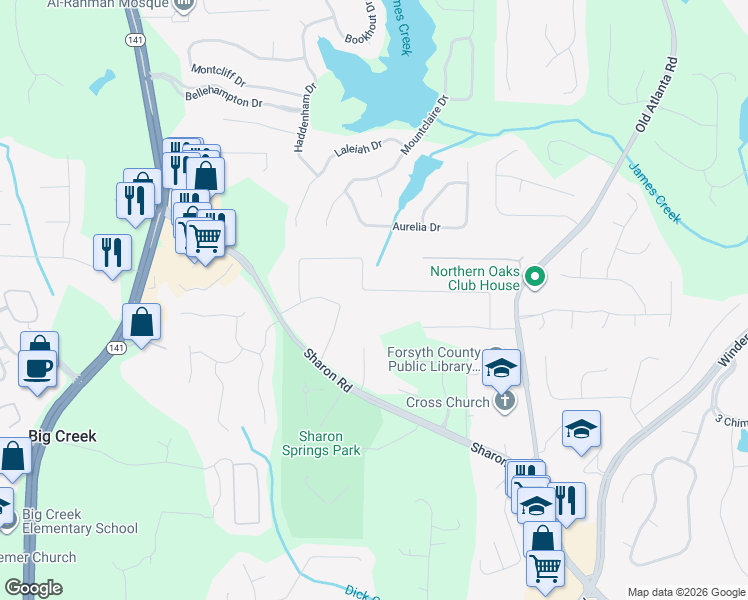 map of restaurants, bars, coffee shops, grocery stores, and more near 3120 Sharon Lane in Cumming