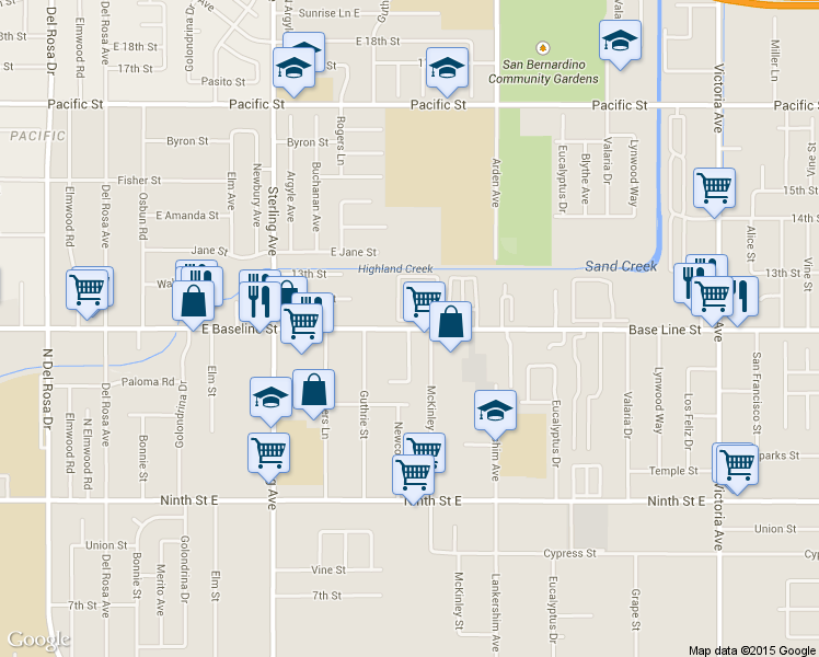map of restaurants, bars, coffee shops, grocery stores, and more near 25942 East Baseline Street in San Bernardino