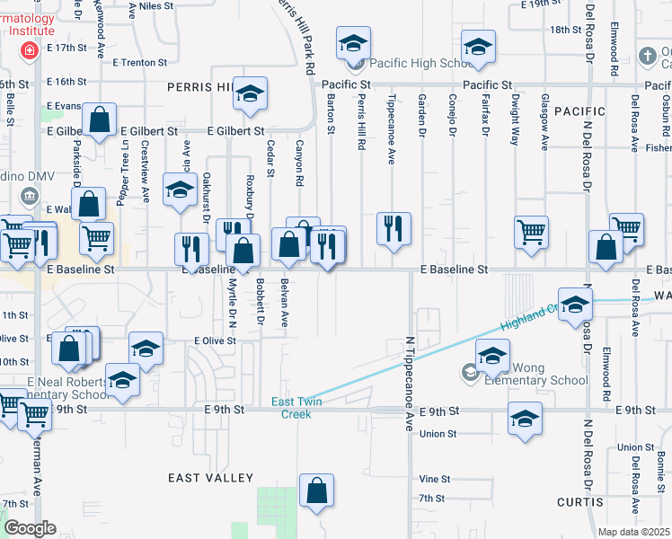 map of restaurants, bars, coffee shops, grocery stores, and more near E Baseline St & Barton St in San Bernardino