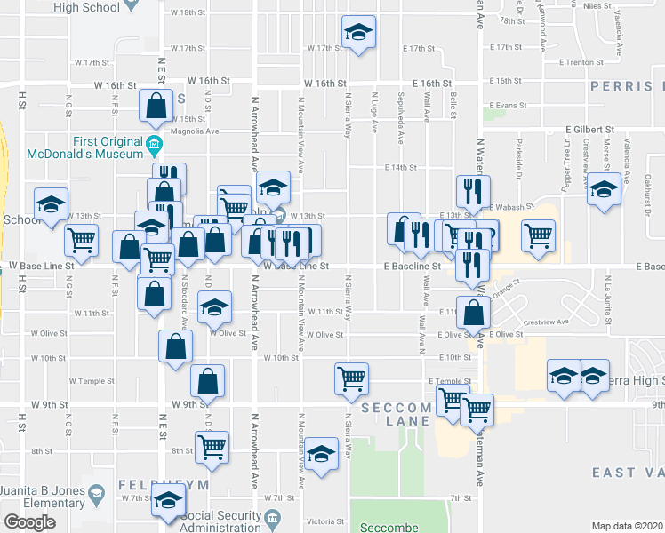 map of restaurants, bars, coffee shops, grocery stores, and more near 135 West Base Line Street in San Bernardino