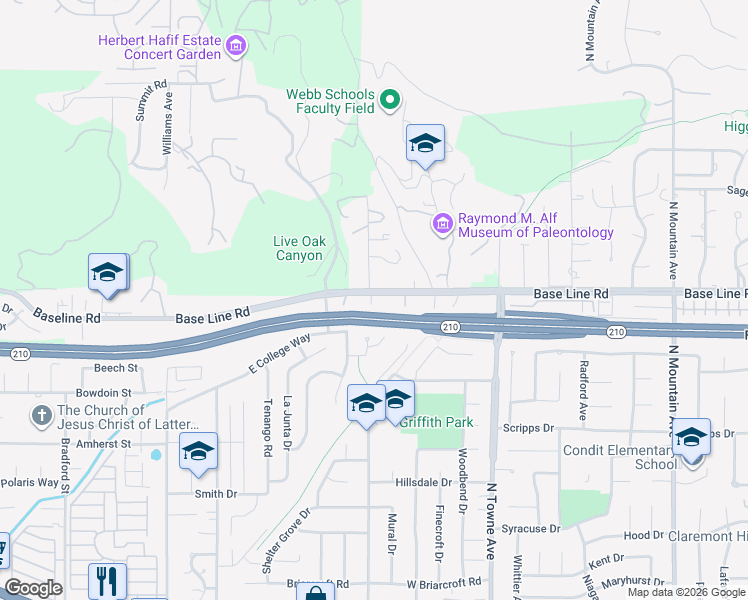 map of restaurants, bars, coffee shops, grocery stores, and more near 1298 West Baseline Road in Claremont